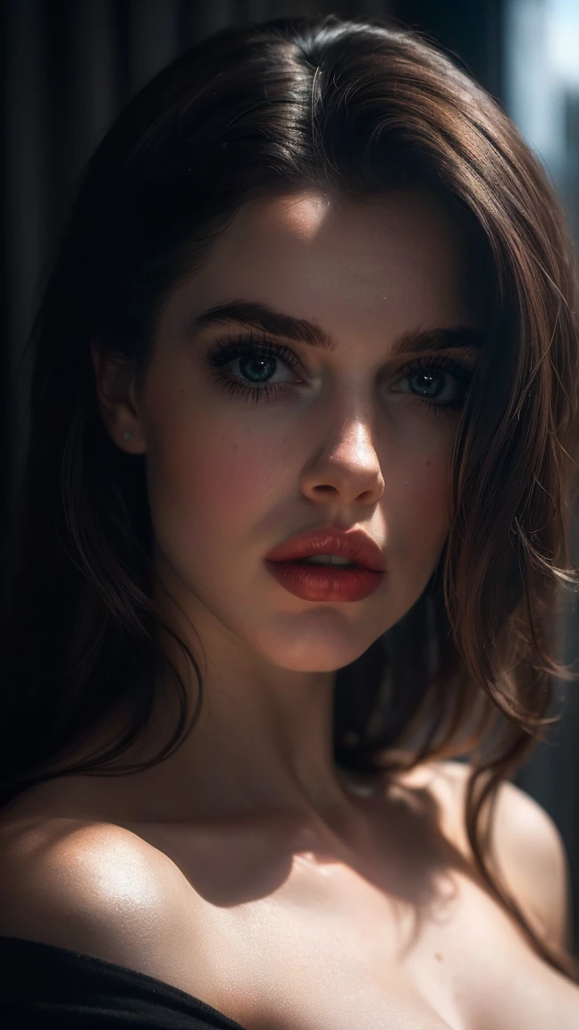 (((ultra realistic))) Photo, masterpiece, top quality, (pale skin), (Ultra detailed face and eyes:1.3), 1 girl, Adult, in a T-shirt, (Eye makeup, mascara) , ((large detailed lips)), ((Dark wavy hair)), ((Chyolka)) , ((Natural breasts)). ((Posing)), photoshoot, studio (soft lighting), (The play of light and shadows), depth of field, bokeh, (special attention to skin detail: 1.2), (Dark atmosphere of the frame, Dark color scheme), ((portrait, close to the camera top view)) , ultra detialed, 