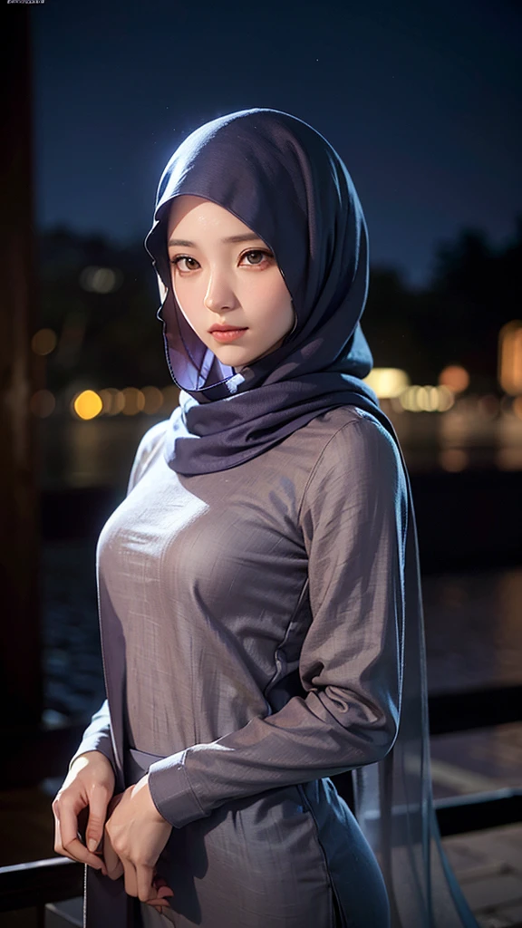 Arham Noctis prompt ((masterpiece)), super detailed, highly detailed, 16k, high resolution, ((turkish girl hijab)), ((long hijab, close hijab)), fit body, perfect eyes, pale skin, fair skin, perfect skin, ((outdoor)), at night, ultra-delicate face, delicate eyes, double eyelids, half smile, Realistic, beautiful and delicate photo,heterosexual, braless, standing, ((night time, night sky, low light, darkness, dark night)), cold expression, cold pose, front view, ((Wide-leg linen pants)), at javanese village,muslim clothes