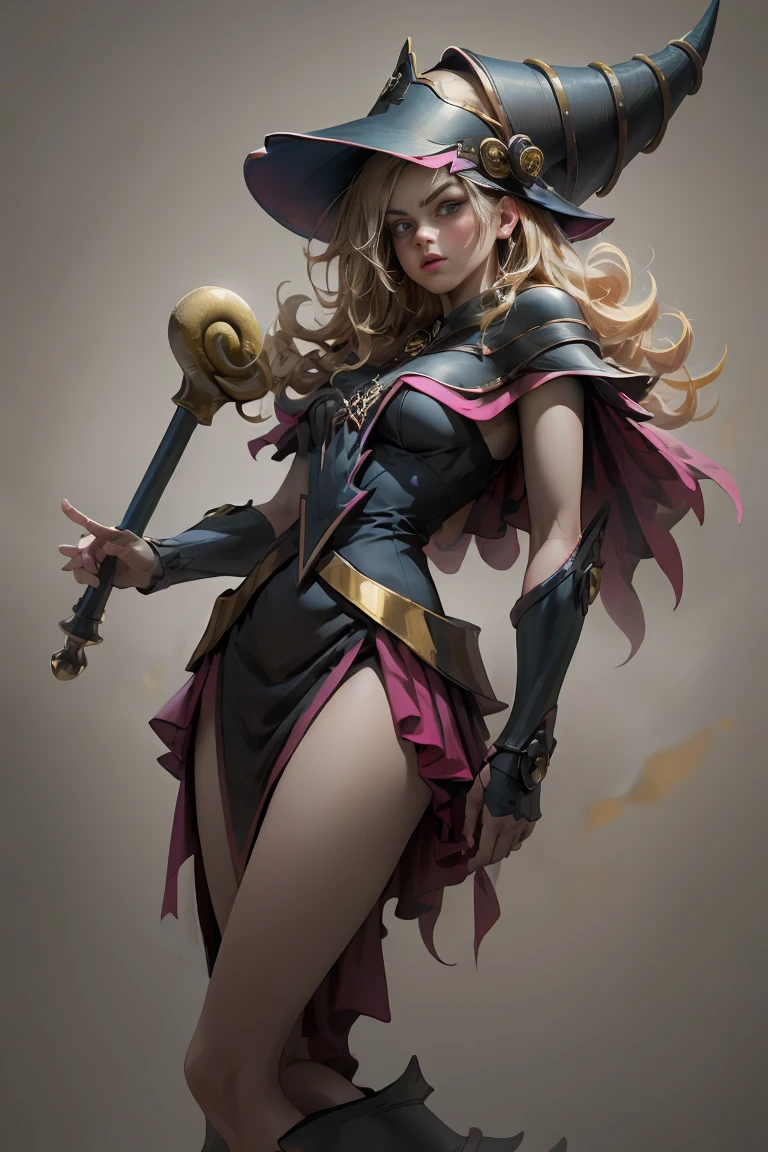 (8k,photorealistic　raw photography　the highest quality;1.4) 　(1girl in)　super beauty　(realistic face)　femenine body 　(Blonde with long curls)　Hold a black and red magic wand.　combat scene　Magic hat with black and gold exterior.　Beautiful expression　Glare　(Real looking skin)　(Giles dark wizards)　Tempting　super high resolution　A hyperrealist　high detail　Full body photo　remains