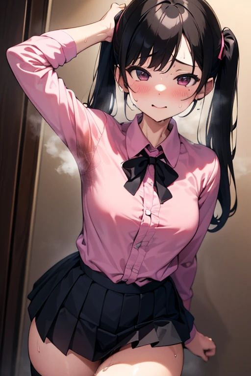 NSFW、Ultra-realistic 8K CG, masterpiece, ((Highly detailed background, Delicate pattern, Exquisite detail)), Highest quality,  masterpiece, Highest quality、、delicate、thin、、Twin tails、Pink and black hair、Pink Shirt、Black Skirt、Black knee socks、(School)、smile、fine、((Sweat))、(((Sweat染み)))、(((Body odor))、M-shaped legs、(((Love juice)))、(((Sweatっかき、Sweatの匂い)))