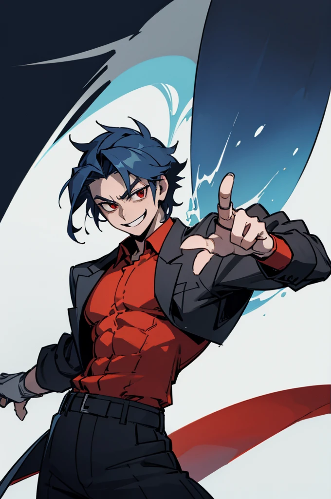 Male, man, masculine, muscular, school-uniform, excited, fighting stance, high quality, simple background, smiling, sharp eyes, dark red eyes, deep blue hair