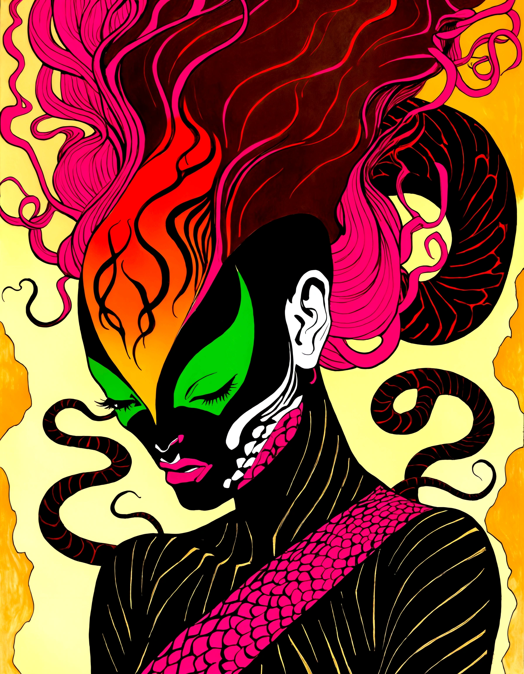 Medusa, splash page decompressed comic cover art, ink style figure,((expressive Joelle Jones and "Sean Gordon Murphy" comic drawing)), wordless, cinematic poster, double exposure, optical illusion, image within image, abyss void black no visibility darkness, full length portrait, (background, pine barrens, entropy, rewilding, magic hour sunset, galaxy stars, cosmos), (horror, abstract, surreal, body, cosmic), candid, snake skin dress, morphology anatomy drawn Frederic Delavier musculature anatomical illustration, (face, ornate black metal corpse paint, resembles Grace Jones), (body, Naga, snakefolk, lower body snake tail, snake woman hybrid, bald, hairless, skeleton, snake skin tattoos, piercing eyes, snake pupils, over the shoulder), (colors, bleak muted deep fiery radiant glowing ROYGBIV, forest green, earth brown), craftsmanship nuance, (Gerardo Zaffino charcoal), subliminal orchids, nyctophobia, silhouette