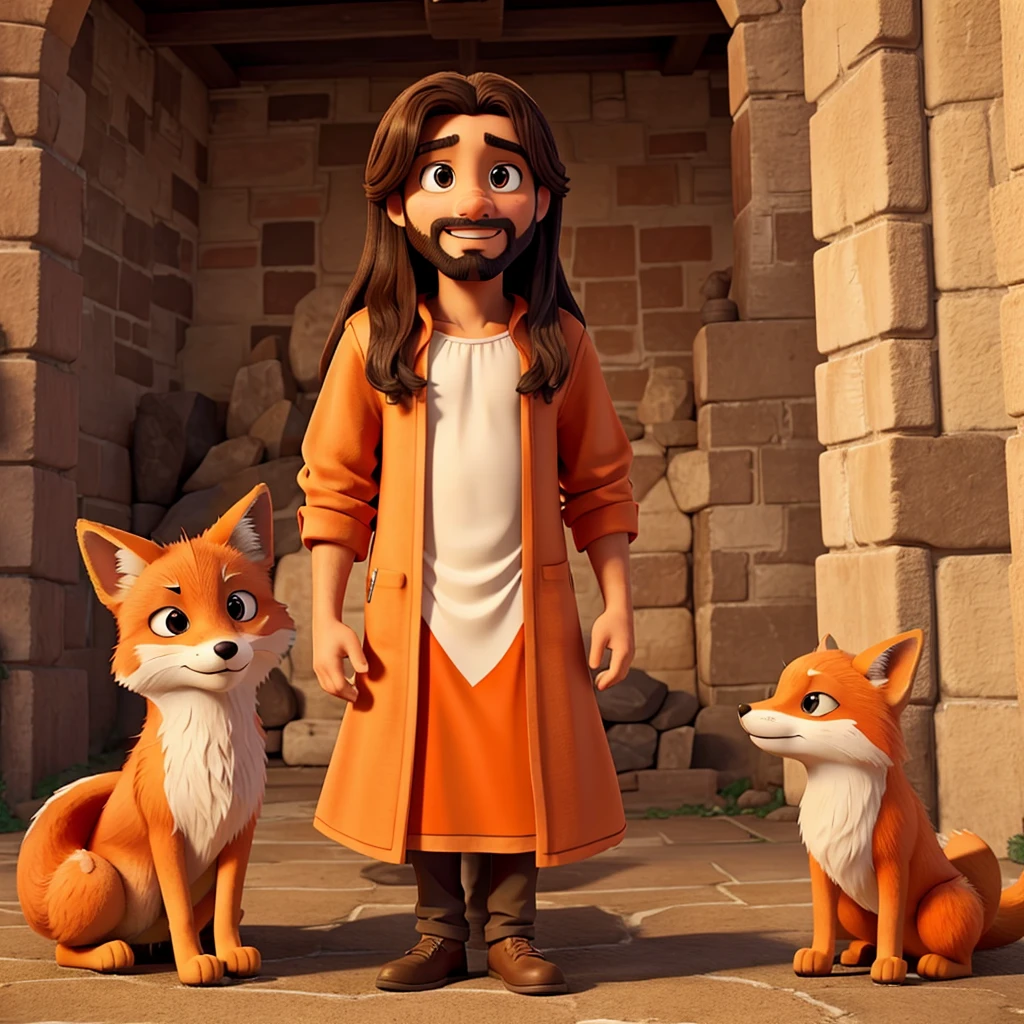 Jesus Christ and next to him there are many orange foxes