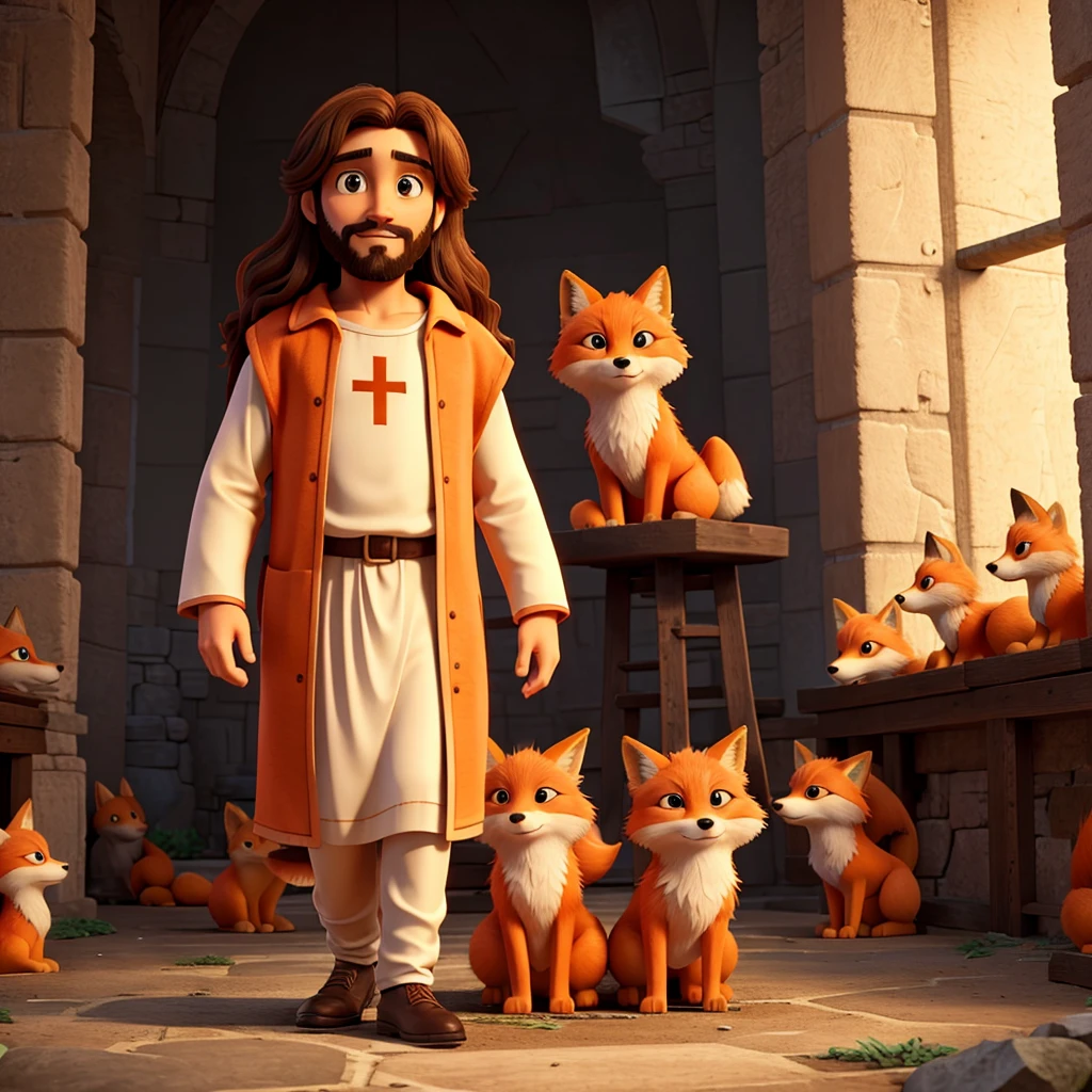 Jesus Christ and next to him there are many orange foxes