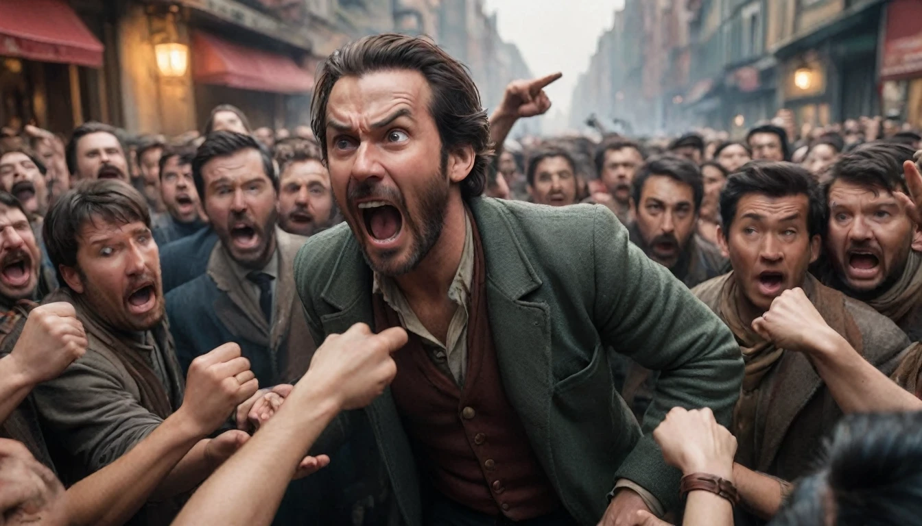 Describe the shocking scene of a man visibly concerned about the opinions of others, surrounded by a crowd of people pointing fingers at him, laughing cruelly. Explore the protagonist'Conflicting emotions and thoughts as he faces public trial, highlighting the tension between the search for acceptance and the cruelty of social rejection. art station hd, high détail, fotorrealism, art station hd, crowd in panic, desperation , trend at artstation, 8K.