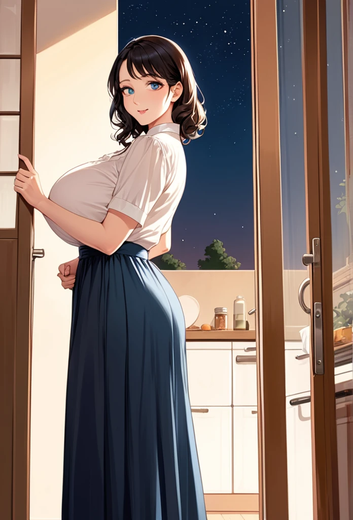 detailed illustration (side view),dynamic angle,ultra-detailed, detailed eyes, detailed face, 1girl, night , nightime, stars, 1950 wife, button up blouse and long skirt, anime half closed eyes, lidded eyes, knowing smile, mischievous smile, standing in kitchen, domestic goddess, black hair, huge breasts, wholesome yet sexy, motherly, nurturing, MILF, glass sliding door, moonscape outside, dark blue eyes, highly detailed eyes, detailed eyes, bright eyes