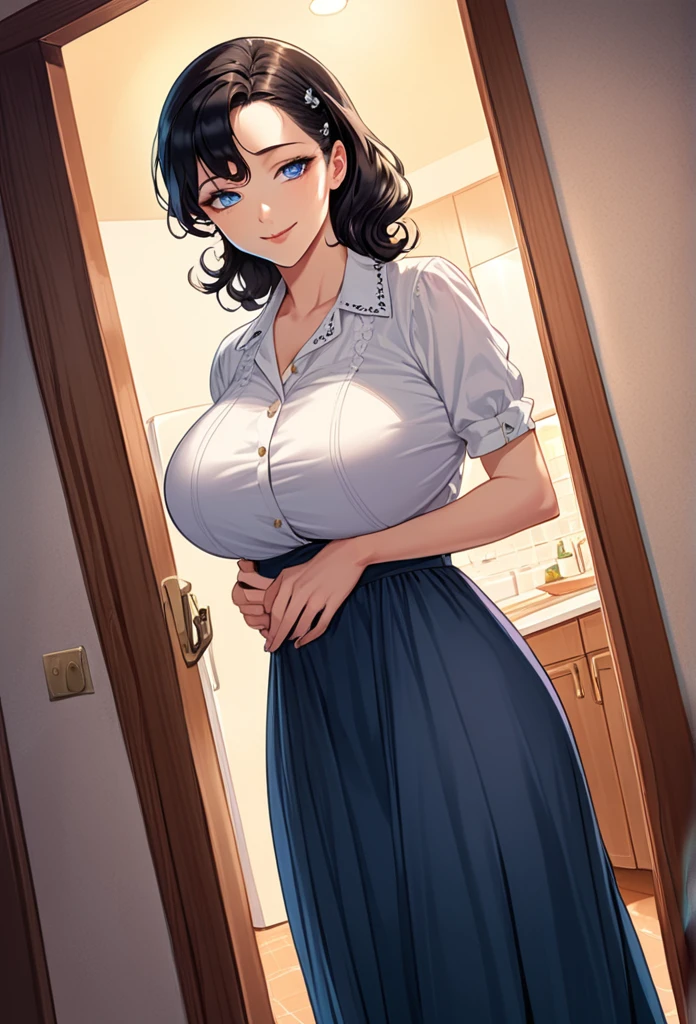 detailed illustration (side view),dynamic angle,ultra-detailed, detailed eyes, detailed face, 1girl, night , nightime, stars, 1950 wife, button up blouse and long skirt, anime half closed eyes, lidded eyes, knowing smile, mischievous smile, standing in kitchen, domestic goddess, black hair, huge breasts, wholesome yet sexy, motherly, nurturing, MILF, glass sliding door, moonscape outside, dark blue eyes, highly detailed eyes, detailed eyes, bright eyes