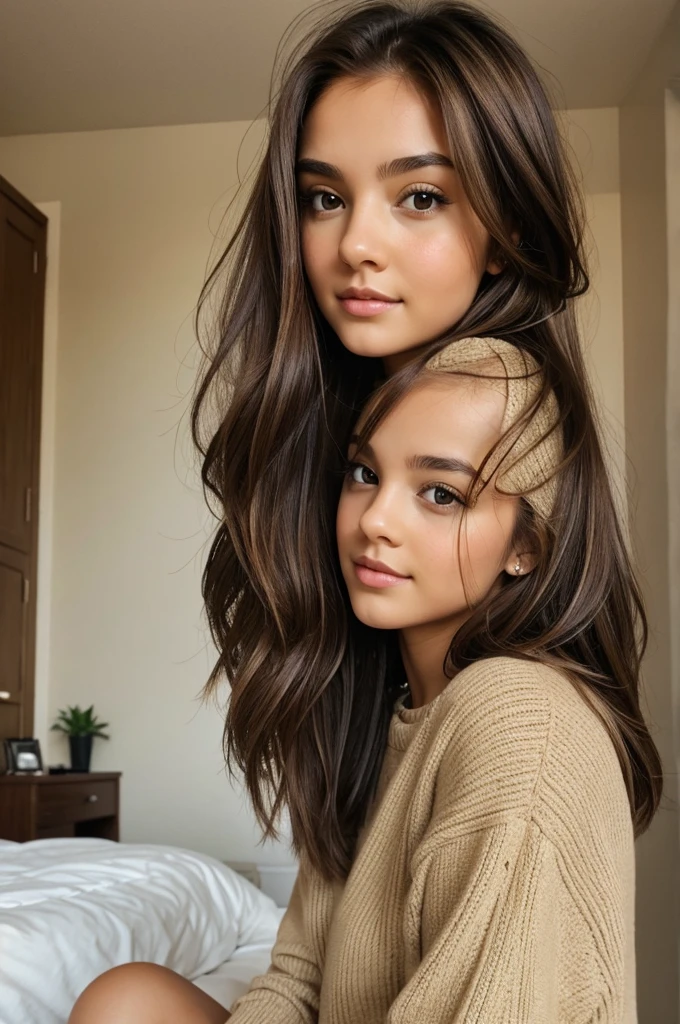 Girl with brown hair and brown eyes inside room