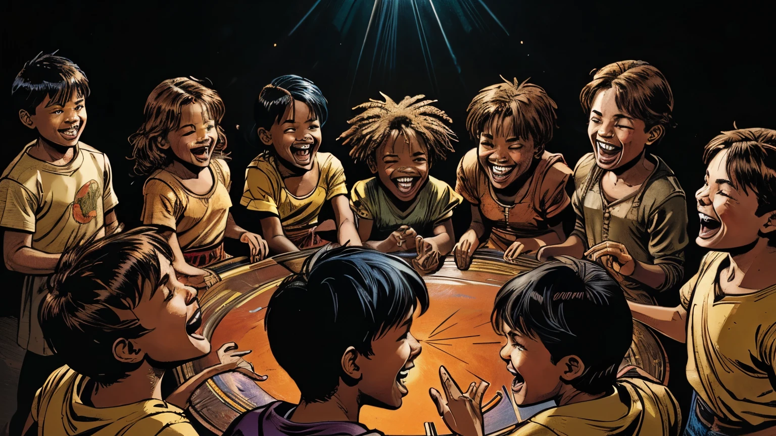 A group of children laughing and dancing in a circle, from all races, high quality, 8k, comic book style, highly detailed, hyper realistic, photorealistic, intricate details, dramatic lighting, vibrant colors, warm color tones, cinematic composition, epic