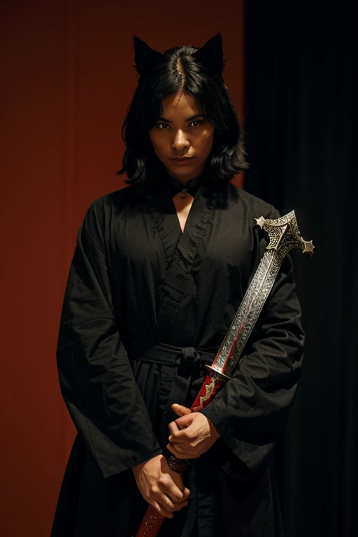 A black cat with a sword and a black and red robe