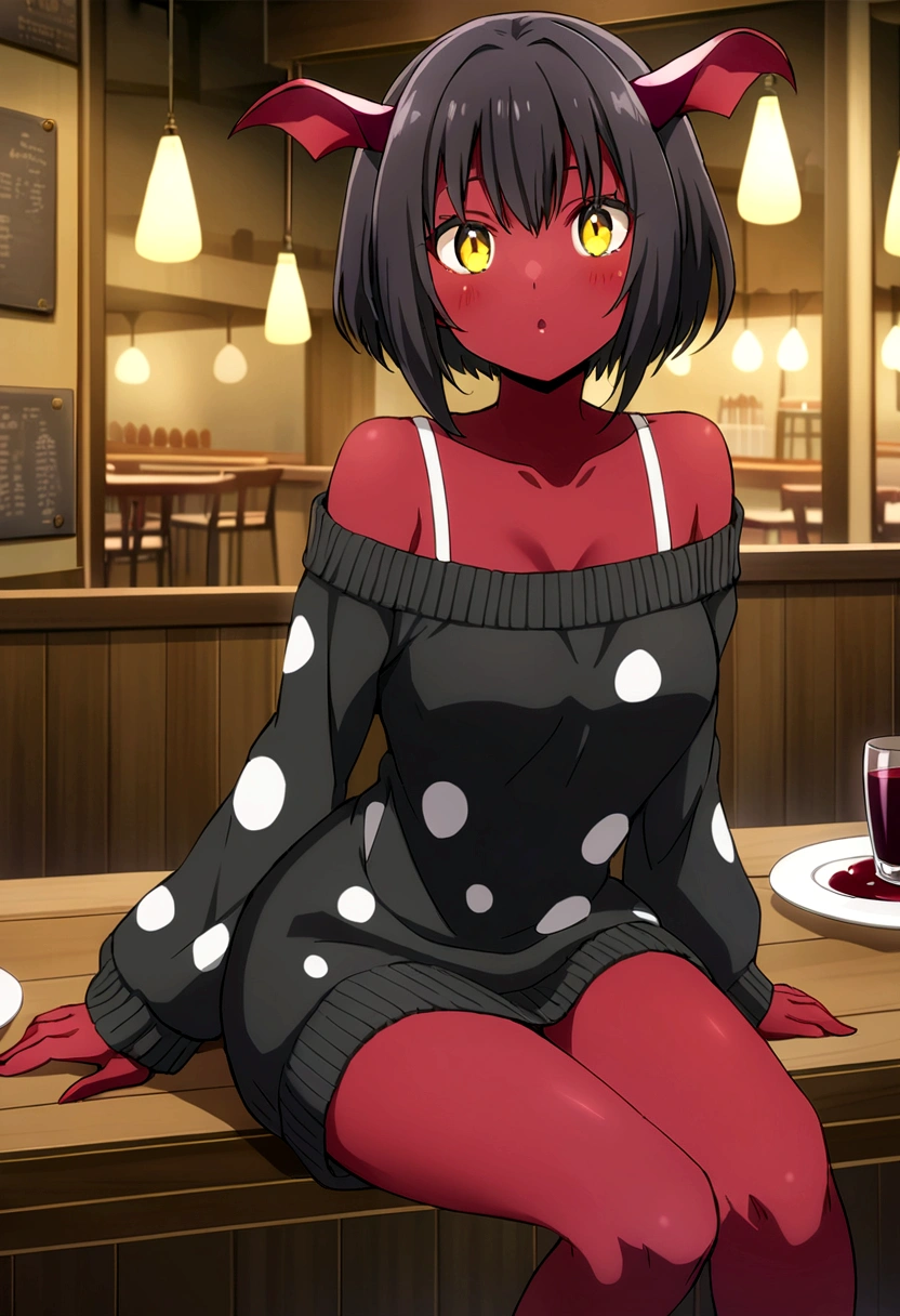 demon girl with red skin and black and white spots all over her body, long dark gray off shoulder sweater, yellow eyes, fantasy, anime, dark wine red short hair, short cafe, goat legs.