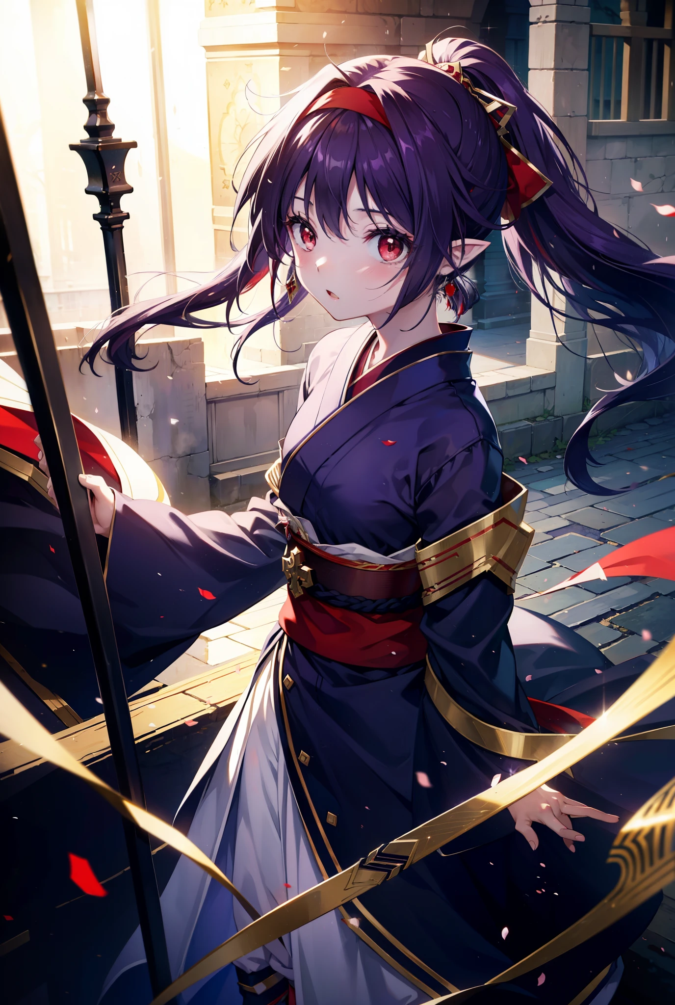 yuukikonno, Yuki Konno, hair band, Long Hair, Pointy Ears,ponytail, Purple Hair, (Red eyes:1.5), (Small breasts:1.2), Open your mouth,Purple kimono,Red too,boots,hold the hilt of the sword in one&#39;s hand,Battoujutsu,
break looking at viewer, Upper Body, whole body,
break outdoors, Medieval European streets,
break (masterpiece:1.2), Highest quality, High resolution, unity 8k wallpaper, (shape:0.8), (Narrow and beautiful eyes:1.6), Highly detailed face, Perfect lighting, Extremely detailed CG, (Perfect hands, Perfect Anatomy),