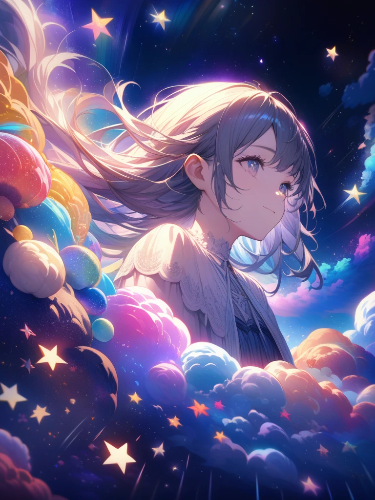 high detail, Super detailed, ultra high resolution, A girl enjoying time in the dream galaxy, surrounded by stars, warm light shining on her, The background is a starry sky with colorful galaxies and galactic clouds, stars are flying around her, delicate face, Add a playful atmosphere ,