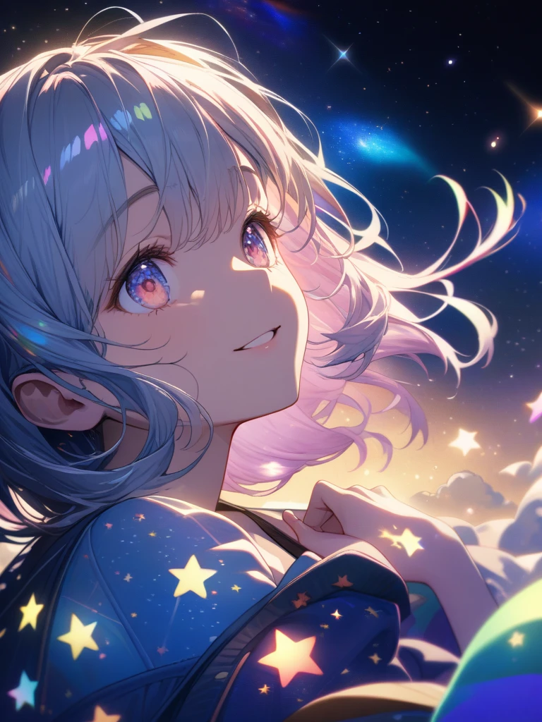high detail, Super detailed, ultra high resolution, A girl enjoying time in the dream galaxy, surrounded by stars, warm light shining on her, The background is a starry sky with colorful galaxies and galactic clouds, stars are flying around her, delicate face, Add a playful atmosphere ,