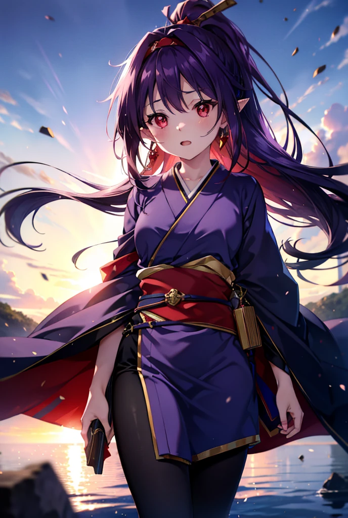 yuukikonno, Yuki Konno, hair band, Long Hair, Pointy Ears,ponytail, Purple Hair, (Red eyes:1.5), (Small breasts:1.2), Open your mouth,Purple kimono,Red too,boots,hold the hilt of the sword in one&#39;s hand,Battoujutsu,
break looking at viewer, Upper Body, whole body,
break outdoors, Medieval European streets,
break (masterpiece:1.2), Highest quality, High resolution, unity 8k wallpaper, (shape:0.8), (Narrow and beautiful eyes:1.6), Highly detailed face, Perfect lighting, Extremely detailed CG, (Perfect hands, Perfect Anatomy),