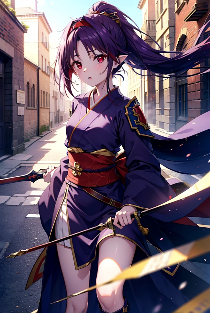 yuukikonno, Yuki Konno, hair band, Long Hair, Pointy Ears,ponytail, Purple Hair, (Red eyes:1.5), (Small breasts:1.2), Open your mouth,Purple kimono,Red too,boots,hold the hilt of the sword in one's hand,Battoujutsu,
break looking at viewer, Upper Body, whole body,
break outdoors, Medieval European streets,
break (masterpiece:1.2), Highest quality, High resolution, unity 8k wallpaper, (shape:0.8), (Narrow and beautiful eyes:1.6), Highly detailed face, Perfect lighting, Extremely detailed CG, (Perfect hands, Perfect Anatomy),