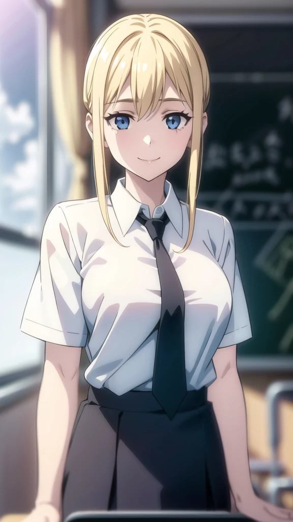 ((1girl ,20s,mature female,teen)),happy face,white shirt,short sleeves,(black standard tie),white school skirt,blonde hair,long hair,(classroom),