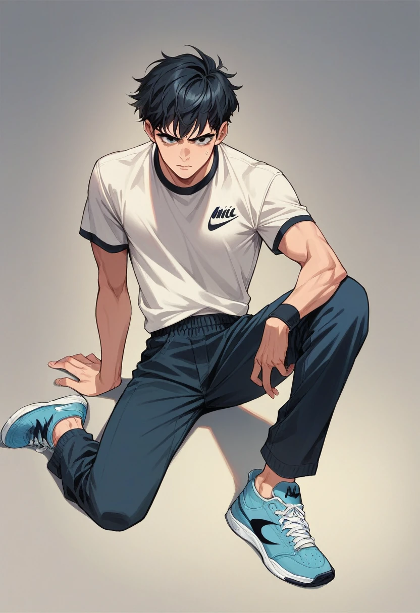 Skinny black hair barber wearing blue Nike sneakers