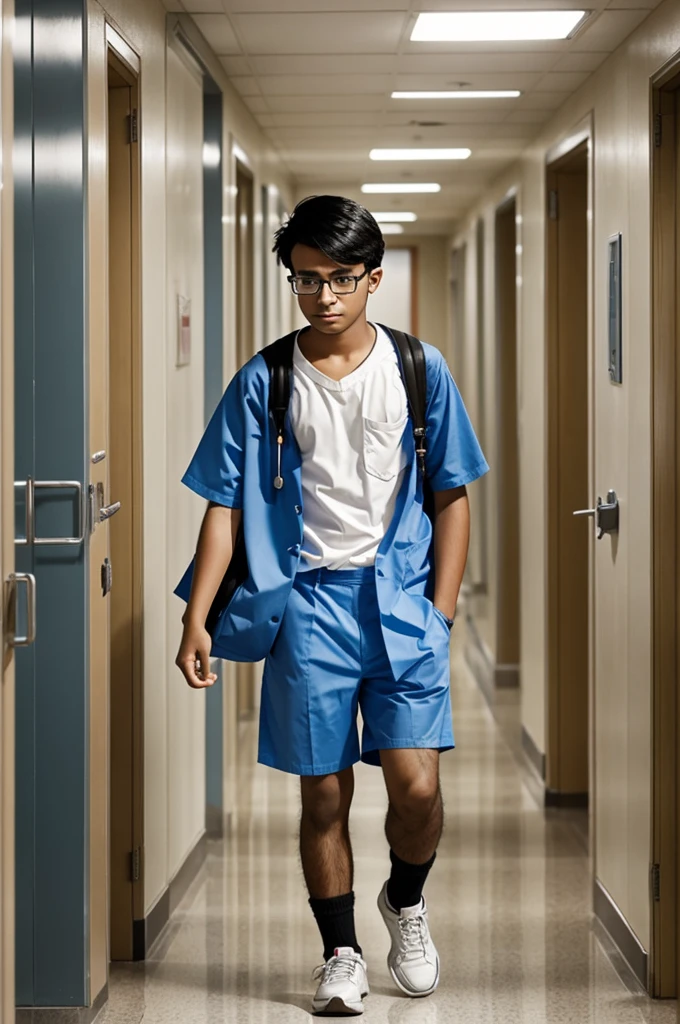 Teenage black haired man, small and with glasses runs worried through the corridors of a hospital.