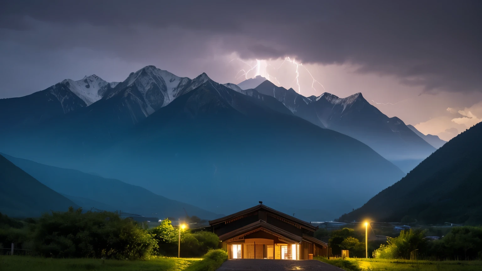 A quiet night with only heavy rain and thunder to be heard　Mountains in the background