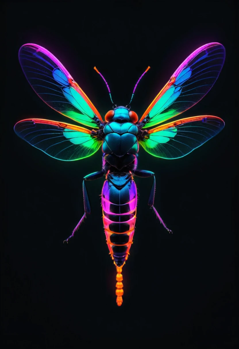 Neon colored insect, spreading its wings to fly.