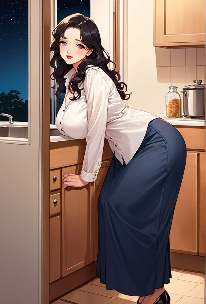 detailed illustration (side view),dynamic angle,ultra-detailed, detailed eyes, detailed face, 1girl, night , nightime, stars, 1950 wife, button up blouse and long skirt, anime half closed eyes, lidded eyes, knowing smile, mischievous smile, standing in kitchen, domestic goddess, black hair, huge breasts, wholesome yet sexy, motherly, nurturing, MILF, glass sliding door, moonscape outside, dark blue eyes, highly detailed eyes, detailed eyes, bright eyes, long hair, wavy hair, red lips