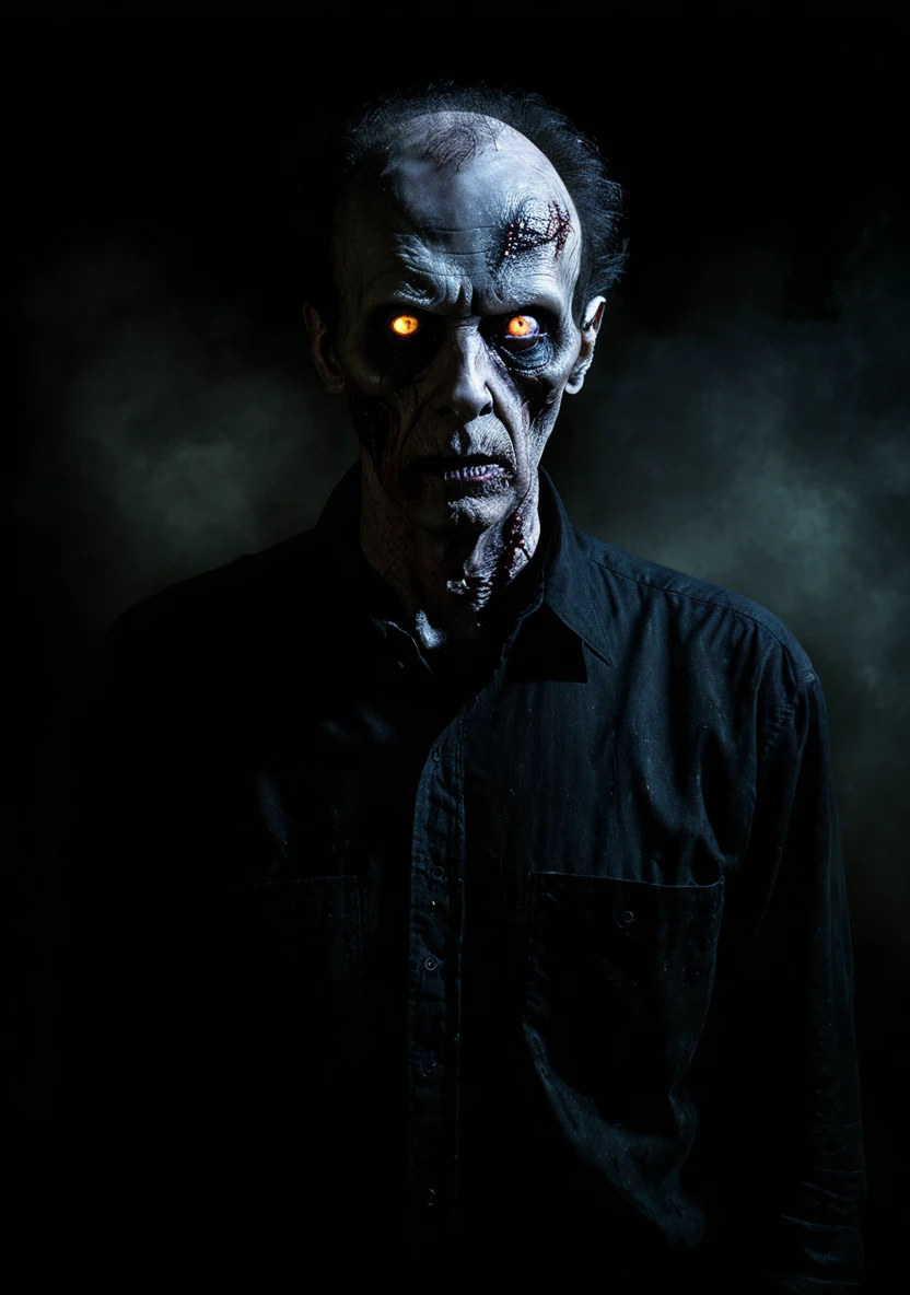 A single Zombie James Watson man black shirt in the dark on the room glowing eyes