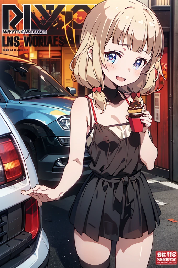 (small breasts:1.2), (perky chest:1.2), (pointed chest:1.2), (Pudding cake magazine cover:1.3),(from above:1.0),(shoot from the side:1.1),masterpiece, 1girl, Amazing Cleavage:1.1, thin waist, optimum,tmasterpiece,hight resolution,best qualtiy,hyper HD,super detailing,awardwinning,a 18yo cute girl,(The upper part of the body),anatomy correct,Beautiful Black miniskirt,garters,Gaze,Small face,bangss,holster,Beautuful Women,hands up,leg holster,Gaze,black boots,Cowboy Shot,cute face,a blond,Longhaire,Twin-tailed,Braids, Hairline,(scarlet eyes),long eyelasher,Hanging eye corners,White skin of the, ((see through camisole:1.1)), ((Sheer nipples:1.0)),Rocket Tits,(Slim body),smile,seductive weak smiling,(with sparkling eyes and a contagious smile),little open mouth, Looking at Viewer,