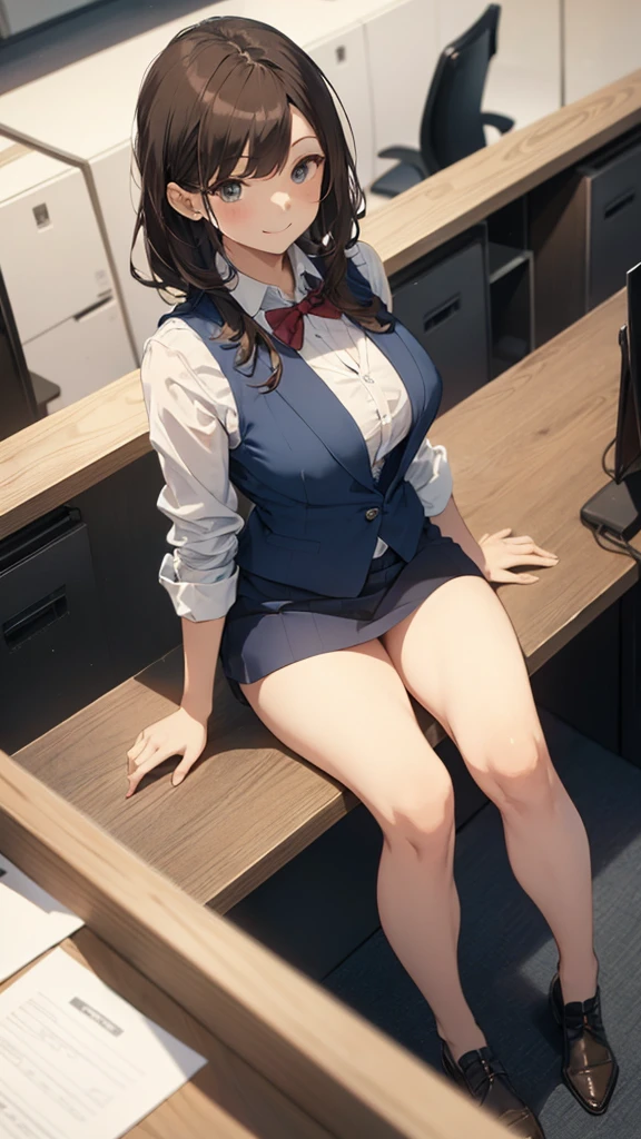 1lady solo, sitting, (from above), office worker, ((blue vest) over white dress shirt), mature female, /(dark brown hair/), kind smile, (masterpiece best quality:1.2) delicate illustration ultra-detailed, large breasts, bowtie BREAK (modern office) indoors, (reception desk), entrance, detailed background