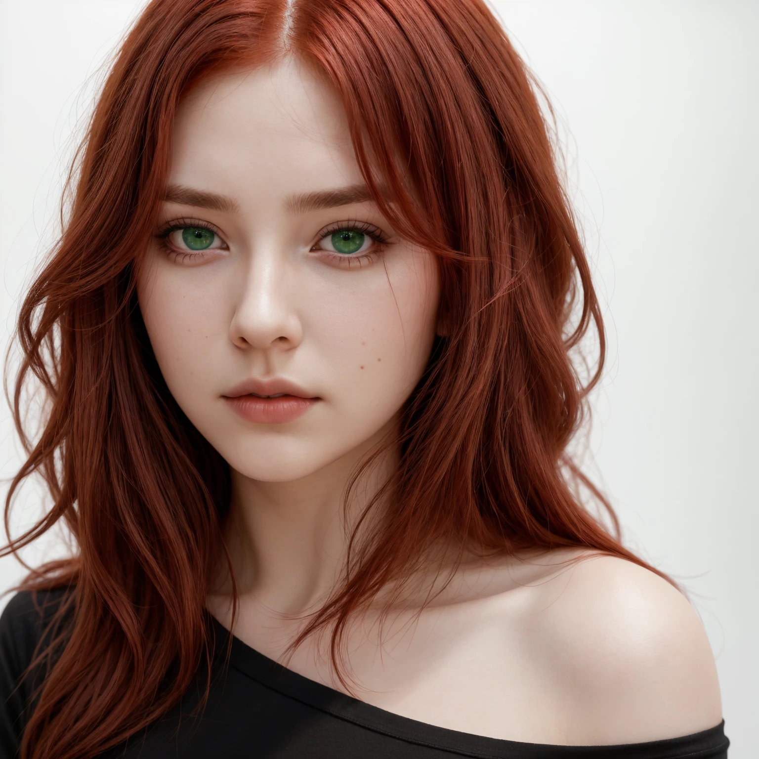 front view, looking at camera, RAW photo,((black shirt:1.2)), ((portrait)),beautiful red hair 30 years old woman, green eyes, perfecteyes eyes, ((white background:1.2)), studio lighting, high quality, film grain, Fujifilm XT3, centralized