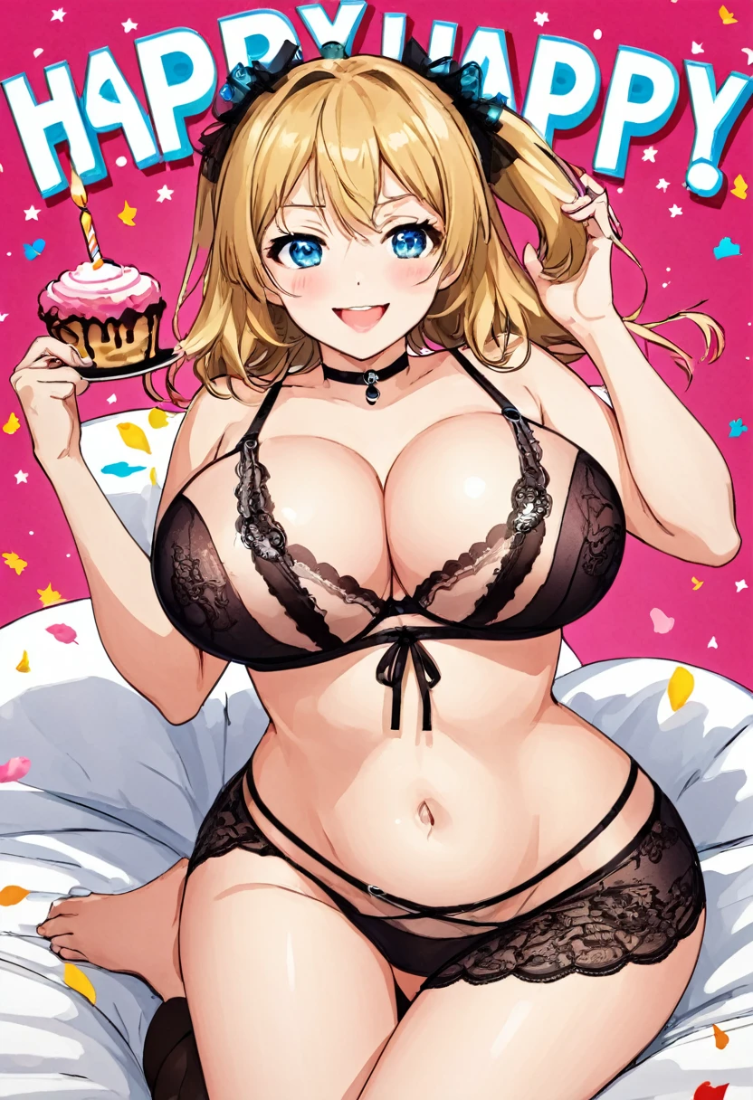 Happy birthday card, sexy waifu, anime style. Busty, lingerie with the words "happy birthday"