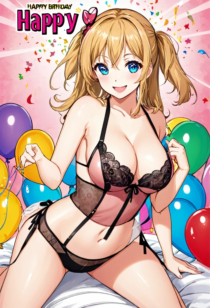 Happy birthday card, sexy waifu, anime style. Busty, lingerie with the words "happy birthday"