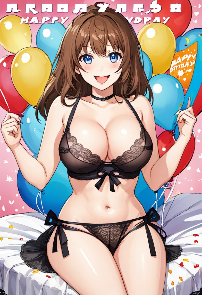 Happy birthday card, sexy waifu, anime style. Busty, lingerie with the words "happy birthday"