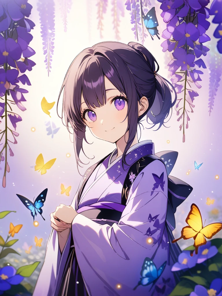 (32k), ((cute girl)), (hight quality), (high-level image quality), (smile), (hight quality wisteria flowers background), (32k background), (wisteria trellis), (purple short ponytail), (purple eyes), (18 years old), (illustration), (purple light particles), (purple kimono), (purple Japanese clothes), (((front))), (32k), (beautiful cute girl), (butterfly ornament), (butterfly dress), ((many butterflies)), (((background of many flowers ))), (((bright background))), (beautiful world), (cute world), (smile), 