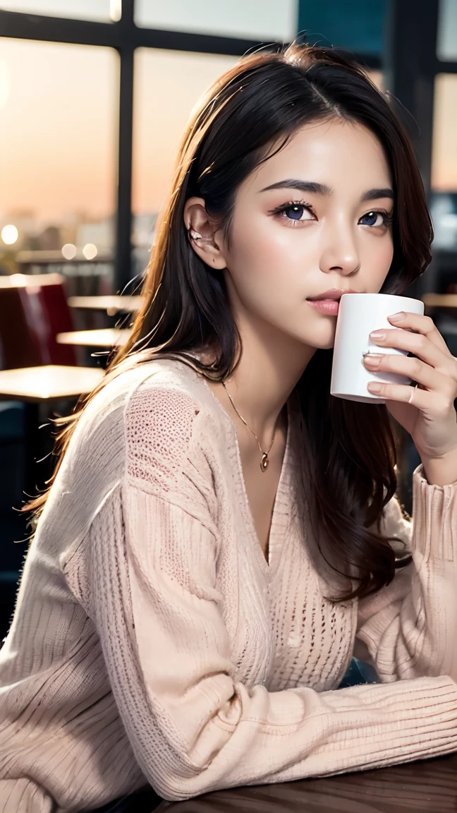 beautiful brown-skinned african woman wearing pink sweater (sipping coffee inside a modern café at sunset), very detailed, 21 years old, innocent face, natural wavy hair, blue eyes, high resolution, masterpiece, best quality, intricate details, highly detailed, sharp focus, detailed skin, realistic skin texture, texture, detailed eyes, professional, 4k, charming smile, shot on Canon, 85mm, shallow depth of field, kodak vision color, perfect fit body, extremely detailed, foto_\(ultra\), photorealistic, realistic, post-processing, maximum detail, roughness, real life, ultra realistic, photorealism, photography, 8k uhd, photography
