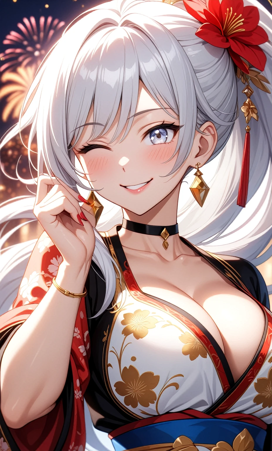 ((One personの女性)), Beautiful Face, ((smirk)), (head tilt), ((Wink:1.9)), Laugh with your mouth wide open,((Bright red cheeks:1.4)),Shiny red lips,night,coastal,You can see the ocean, firework,Laughing with your mouth open,Glossy pink lips,Facial lighting,((Anime style background)),masterpiece, Highest quality, so beautiful,up to date, Complex details, (Pink long nails), (4fingers and 1thumbs), (ring),(bracelet),(choker),AI-generated, Complex,High resolution, Highest quality, super high quality,3D Images、3D Images,One person,Long white hair,High Ponytail,(blue eyes),Anime woman posing for a photo, ((Fine grain、Silvery white colorful eyes、Shining Eyes:1.3)),(Squint your eyes:1.1),a hyperRealistic , hyperRealistic , Realistic,Anime woman with long white hair, Smooth anime CG art, A woman in a colorful kimono with gold embroidery, (Black long sleeve kimono),Red floral pattern,Long flower hair ornament,Earrings,Mature Body,(Big Breasts:1.1),Tall,Abdominal muscles,Narrow waist,(Zoom up to face:1.7),