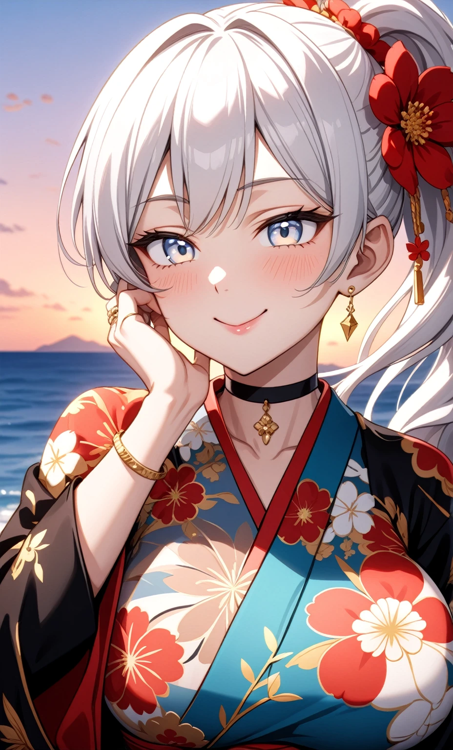 ((One personの女性)), Beautiful Face, ((smirk)), (head tilt), ((Wink:1.9)), Laugh with your mouth wide open,((Bright red cheeks:1.4)),Shiny red lips,night,coastal,You can see the ocean, firework,Laughing with your mouth open,Glossy pink lips,Facial lighting,((Anime style background)),masterpiece, Highest quality, so beautiful,up to date, Complex details, (Pink long nails), (4fingers and 1thumbs), (ring),(bracelet),(choker),AI-generated, Complex,High resolution, Highest quality, super high quality,3D Images、3D Images,One person,Long white hair,High Ponytail,(blue eyes),Anime woman posing for a photo, ((Fine grain、Silvery white colorful eyes、Shining Eyes:1.3)),(Squint your eyes:1.1),a hyperRealistic , hyperRealistic , Realistic,Anime woman with long white hair, Smooth anime CG art, A woman in a colorful kimono with gold embroidery, (Black long sleeve kimono),Red floral pattern,Long flower hair ornament,Earrings,Mature Body,(Big Breasts:1.1),Tall,Abdominal muscles,Narrow waist,(Zoom up to face:1.7),