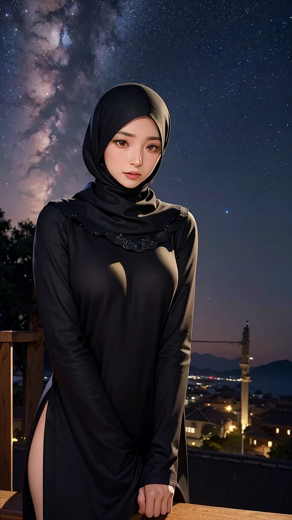 ((masterpiece)), super detailed, highly detailed, 16k, high resolution, ((turkish girl hijab)), ((long hijab, close hijab)), hot body, perfect eyes, pale skin, fair skin, perfect skin, ((outdoor)), at night, ultra-delicate face, delicate eyes, double eyelids, half smile, Realistic, beautiful and delicate photo,heterosexual, braless, standing, ((night time, night sky, low light, darkness, dark night)), cold expression, cold pose, front view, ((Wide-leg linen pants)), at javanese village,nude, sex style