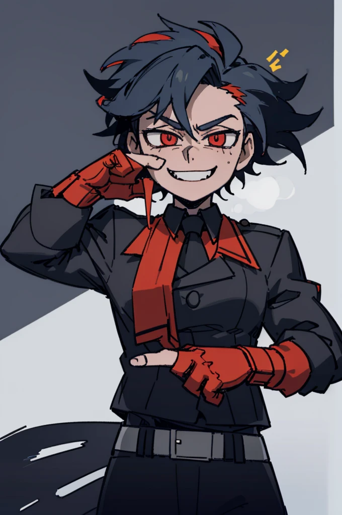 Male, man, masculine, muscular, , uniform, brown and black uniform, excited, fighting stance, high quality, simple background, smiling, sharp eyes, dark red eyes, deep blue hair, fightugg by position