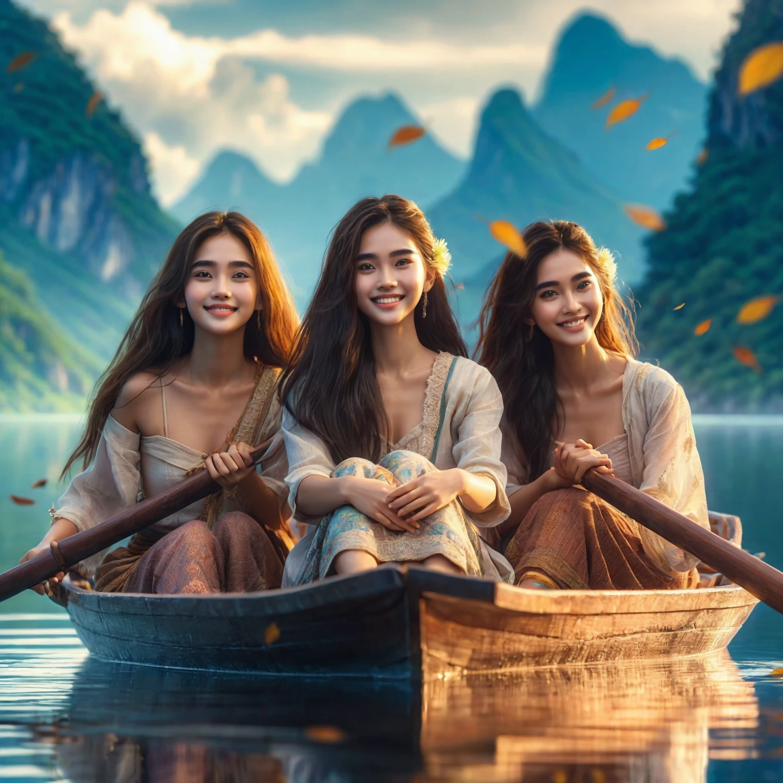 friendship movie poster, stunning surreal depiction design, focus on faces, three beautiful young Thai women with long hair, wearing rustic clothes, harmonious friendship, they are happy, smiling, they are in a wooden boat rowing on a paradise lake beautiful with reflection, perfect face, hands and feet, stunning view of the lake and hills of paradise, blue sky, falling leaves, looks like a movie, Taken using Sony Alpha α7CR, UHD 1536px, high quality.