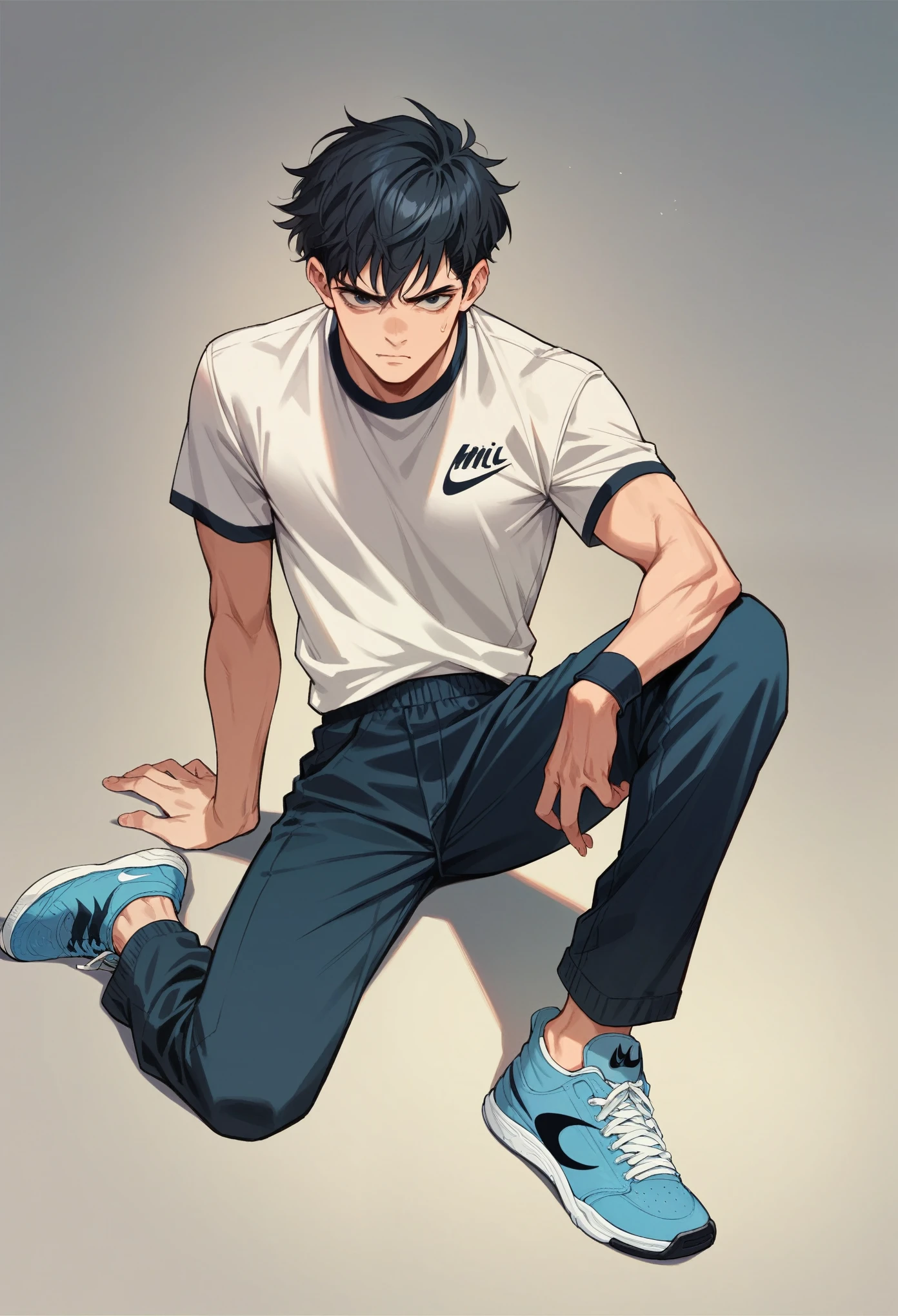 Skinny black hair barber wearing blue Nike sneakers 
