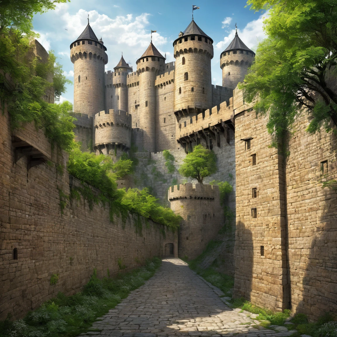 (best quality)), ((masterpiece)), ((realistic,digital art)), (super detailed), gigantic hundred-foot-high wall of a fortified city, very important fortifications, (gigantic crenellated towers), (medieval fantasy style), view from the ground