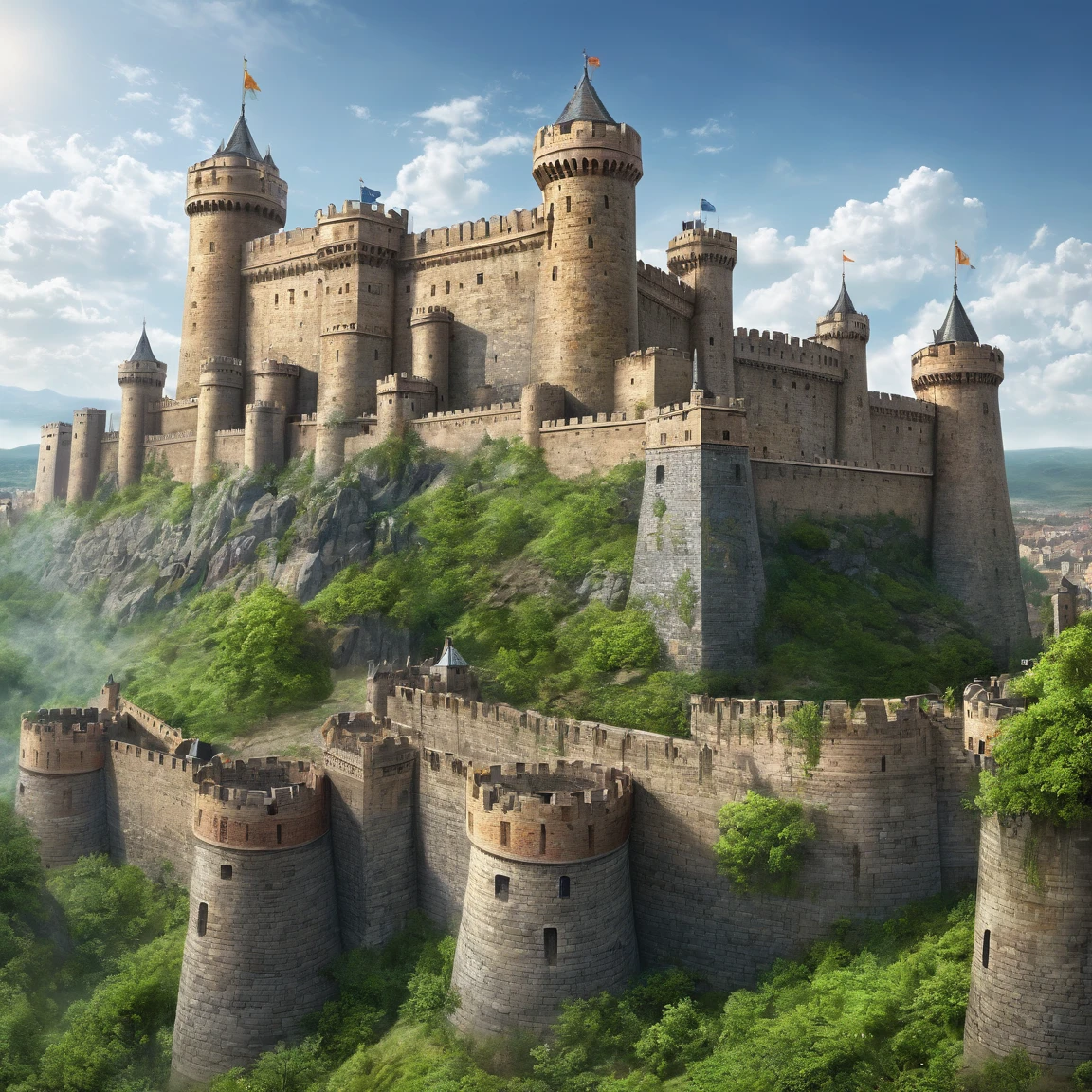 (best quality)), ((masterpiece)), ((realistic,digital art)), (super detailed), gigantic hundred-foot-high wall of a fortified city, very important fortifications, (gigantic crenellated towers), (medieval fantasy style), view from the ground