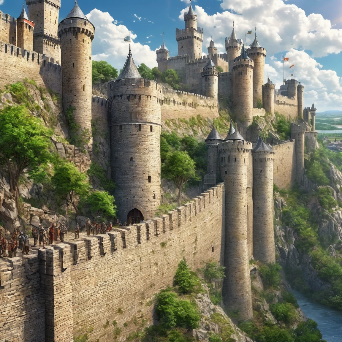 (best quality)), ((masterpiece)), ((realistic,digital art)), (super detailed), gigantic hundred-foot-high wall of a fortified city, very important fortifications, (gigantic crenellated towers), (medieval fantasy style), view from the ground