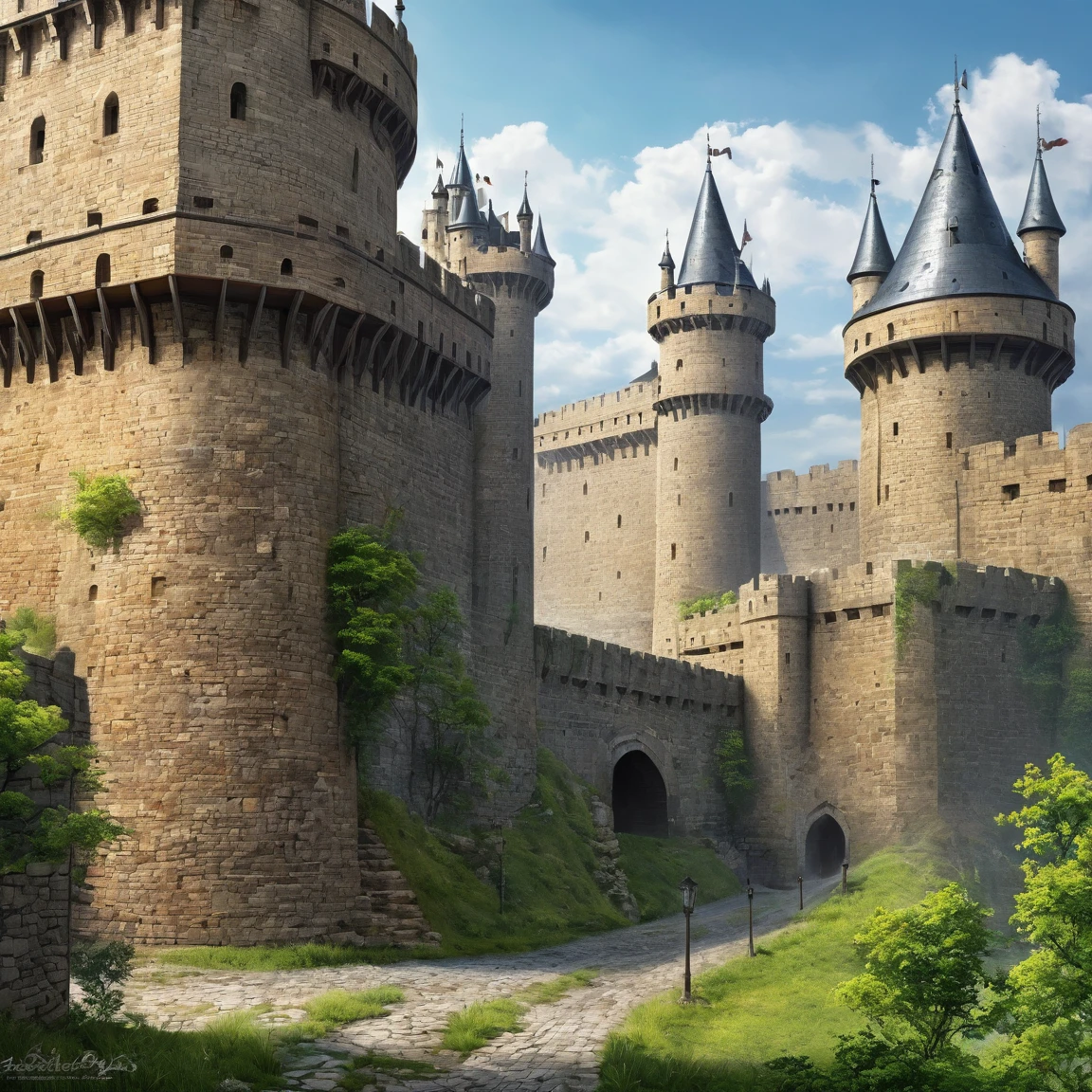 (best quality)), ((masterpiece)), ((realistic,digital art)), (super detailed), gigantic hundred-foot-high wall of a fortified city, very important fortifications, (gigantic crenellated towers), (medieval fantasy style), view from the ground