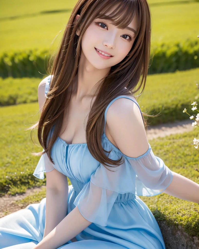 (Highest quality, 32k, High resolution, Masterpiece:1.5), marimo_jet, god々A photograph with brilliant dazzling and healing power., Evoking a sense of calm and elusive beauty, Expressing emotions, Have a rich imagination,Beautiful Japanese Girls, An exceptionally beautiful face, Small Face Beauty, Perfect Human Anatomy, Magical big eyes, Motherhood and generosity, Deep Love, fleeting smile, ((Shiny brown hair:1.1)), Super Long Straight Silk Hair, Asymmetrical bangs, Hair between the eyes, Transparent, soft white skin, Sharp eyebrows, Thin lashes, Natural Makeup, Cheek highlighter, Pale pink detailed lips, ((Blue dress:1.2)), High resolutionの完璧な鎖骨, High resolutionの美しい胸元, Slim figure with ample breasts, High resolutionの美しい太もも, Beautiful legs, ((On the hill in spring:1.3)), Sitting on a green meadow, ((Absolute area:1.6)), Dazzling sunlight, blue sky, White cloud, Professional Lighting, Professional photographer, Professional models, god秘的