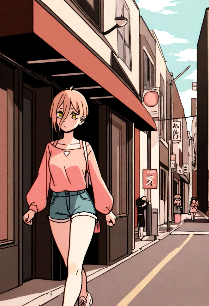 1 garora, wearing a short pink blouse , and short shorts walking around town