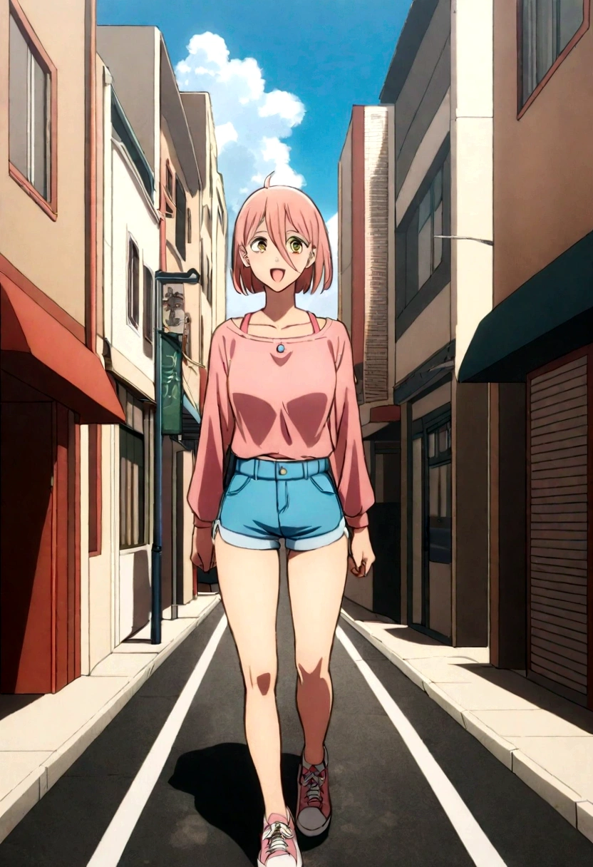 1 garora, wearing a short pink blouse , and short shorts walking around town