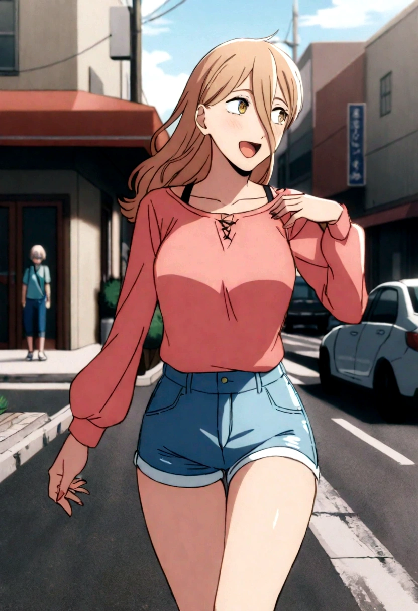 1 garora, wearing a short pink blouse , and short shorts walking around town