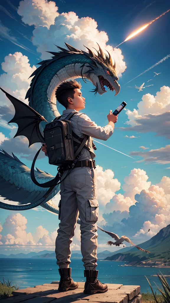 Kizi, mailbox, containment, plein-air, Bird, standing, nube, 1 young boy, missiles, from behind, sky, nubey sky, animal, containment missiles, eastern dragon, monstr, 1 other, ha, FOG,  